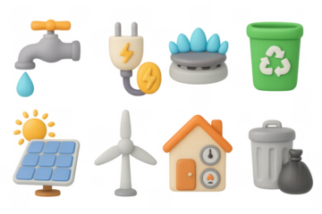 Sustainable energy and conservation icons in 3d cartoon style