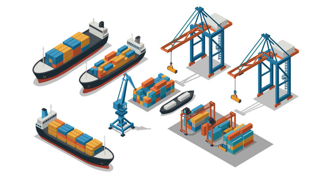 Isometric cargo port with cranes and container ships for logistics and transport