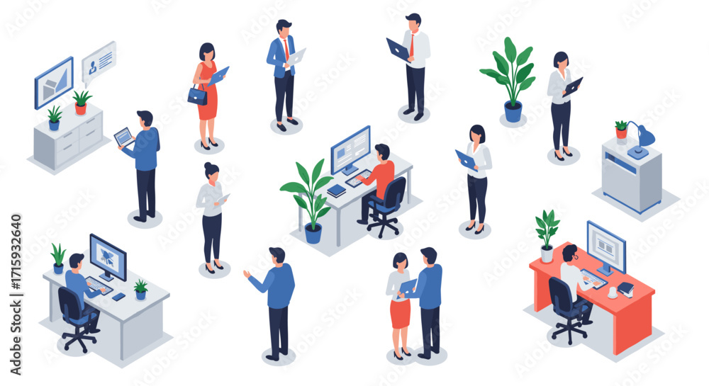 Poster Isometric office workers engaged in various tasks with technology and communication