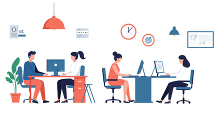 Modern office workspace collaboration with team members at desks