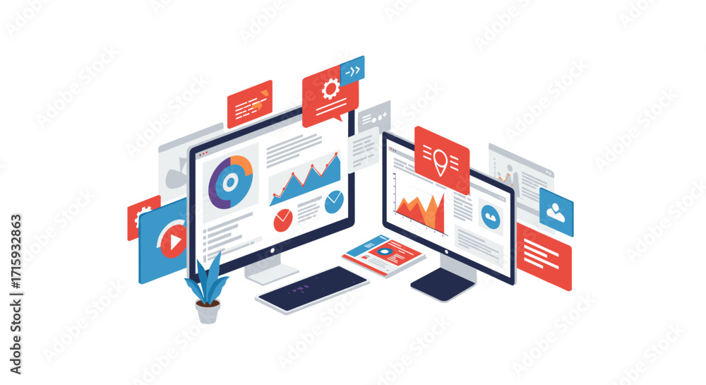 Poster modern isometric workspace with digital marketing and data analytics tools