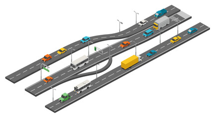 Isometric highway traffic flow with vehicles and road signs in 3d design
