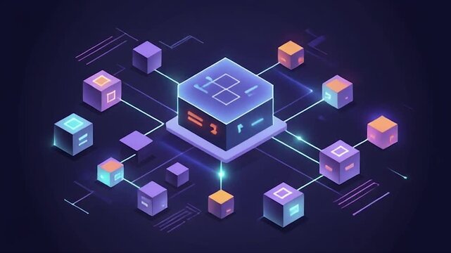 Isometric illustration of a glowing central block connected to a network of smaller data cubes on a dark background, representing blockchain or decentralized technology.