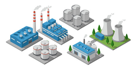 Obraz premium Industrial energy facilities in isometric view with various structures and tanks