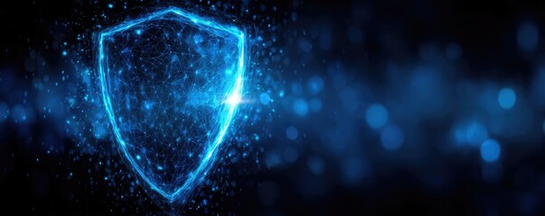Cyber security and data protection strategy concept. Futuristic digital shield representation with glowing particles.