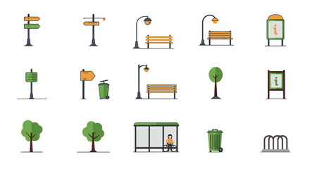 Urban park elements set: benches, trees, street signs, and lamps