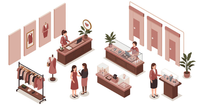 Fashion boutique isometric design with clothing displays and customer interactions