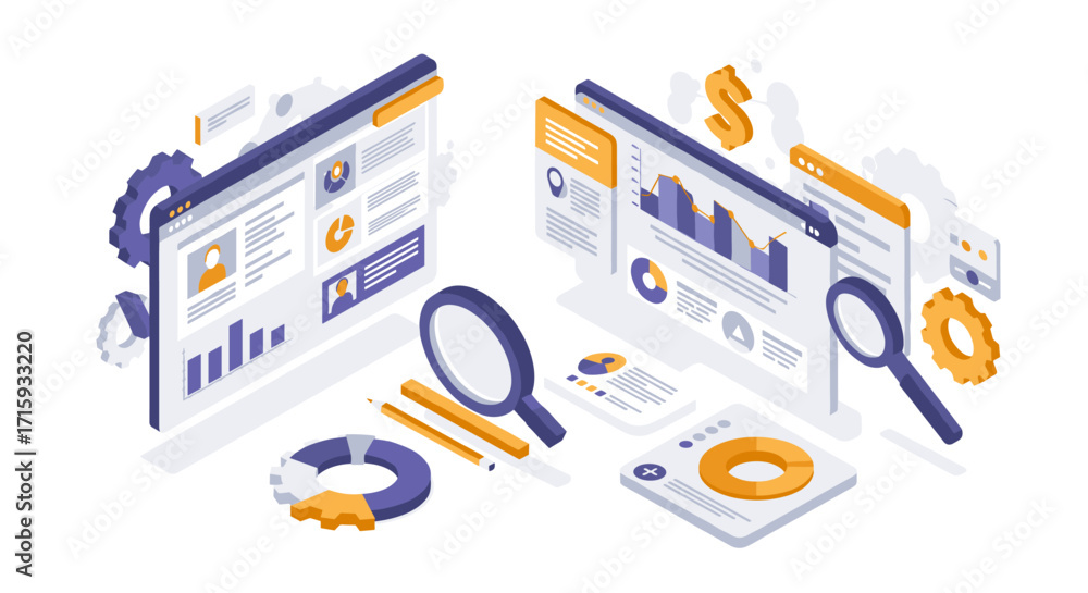 Poster isometric analytical dashboard with magnifying glass and charts: data analysis concept