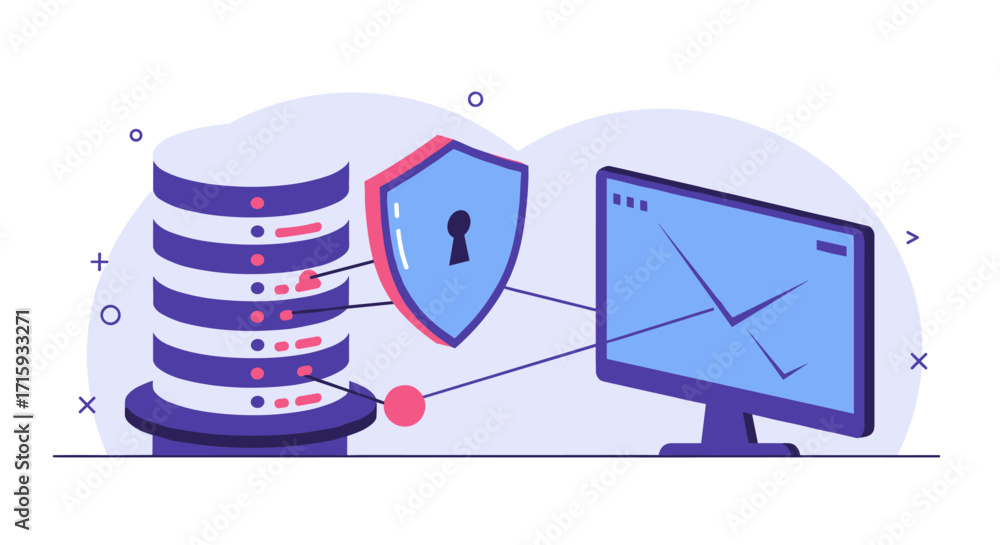 Poster data security concept with shield and server in modern flat design