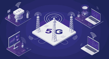 Advanced 5g technology network concept with isometric devices and signal towers