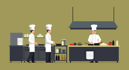 Team of chefs cooking in modern kitchen - flat design