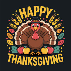 Happy Thanksgiving badge, cute turkey mascot, floral wreath, harvest berries, cheerful greeting composition, rustic autumn holiday vector