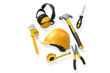 Various construction tools including wrench, hammer, pliers, and helmet isolated on white background with clipping path