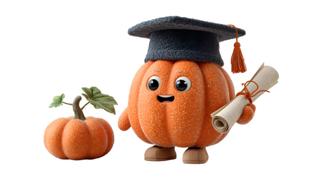 Pumpkin wearing graduation cap and holding diploma scroll, isolated on white
