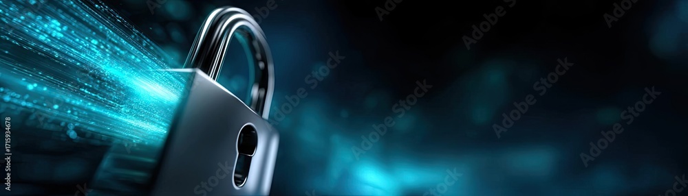 Poster cyber security and data protection strategy concept. digital lock symbolizing advanced security and 