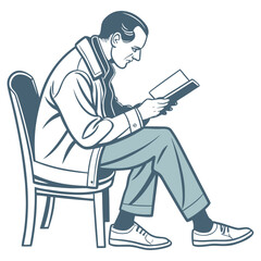 A man in a jacket and trousers sits on a chair reading a book with a focused expression