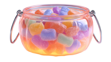 Transparent pumpkin candy bucket glowing with neon sweets, isolated on white background