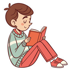 A young boy with brown hair wearing a striped sweater and red pants sits cross legged reading a book