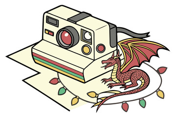 Retro Instant Camera Scaly Red Dragon and Colorful String Lights Isometric Illustration.