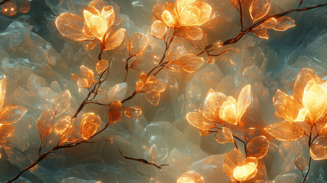 Glowing flowers against a sparkling blue crystal backdrop in seamless texture