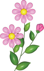 Stylized Pink Flower with Bud and Leaves Botanical Vector Illustration