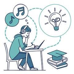 Young person wearing headphones studying at a desk with music notes and a lightbulb symbolizing creativity and ideas