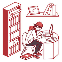 Young person wearing a hoodie and cap studying at a desk with a laptop and books in a library setting