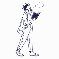 Young woman in casual clothing walking and reading a book with a thought bubble above her head