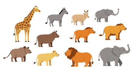 Obraz premium Colorful cartoon zoo animals collection for kids: lion, giraffe, elephant, and more