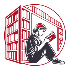 Young woman wearing a red bandana reads a book while sitting next to a large bookshelf