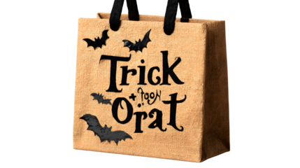 Trick-or-treat themed gift bag with bat decorations, isolated on white background
