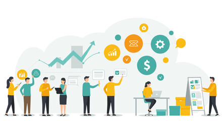 Business team collaboration and data analysis in office workflow design