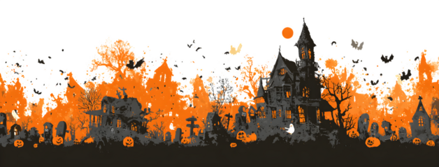 Horizontal strip of haunted house silhouette, bats, pumpkins, and ghosts, isolated on white