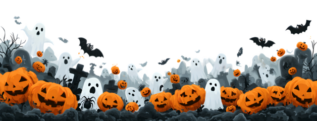 Wide banner of jack-o-lantern scarecrows, bats, ghosts, and spiders, isolated on white