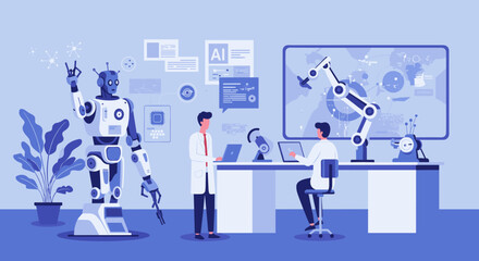 Advanced robotics laboratory with scientists and ai technology in modern workspace