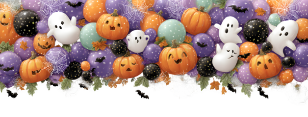 Wide border featuring ghost balloons, pumpkins, bats, and cobweb corners, isolated on white