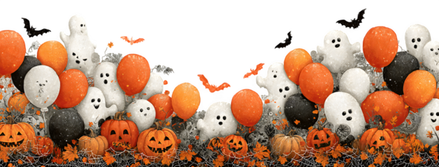 Wide border featuring ghost balloons, pumpkins, bats, and cobweb corners, isolated on white