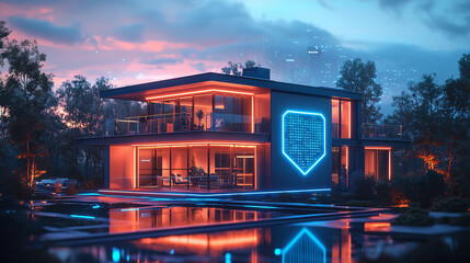Modern house illuminated at dusk with neon lights reflecting on water
