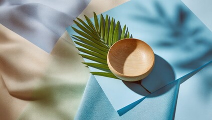 Empty wooden bowl on pastel colored fabric with palm leaf