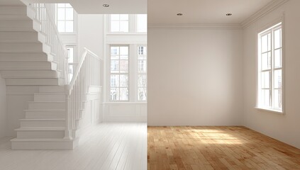 Fototapeta premium Empty, bright, white, and light-filled rooms split by a staircase