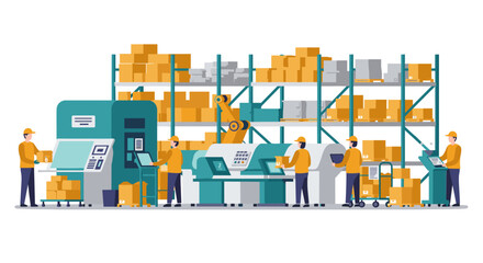 Modern warehouse operations with automation and robotics in a flat design style
