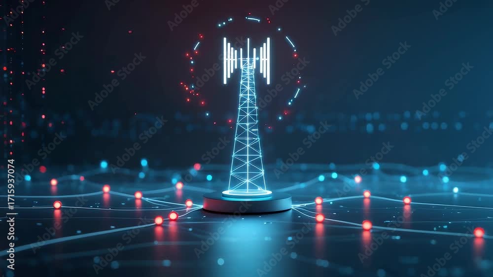 Aufkleber digital communication tower emitting wireless signals with glowing network connections and illuminat