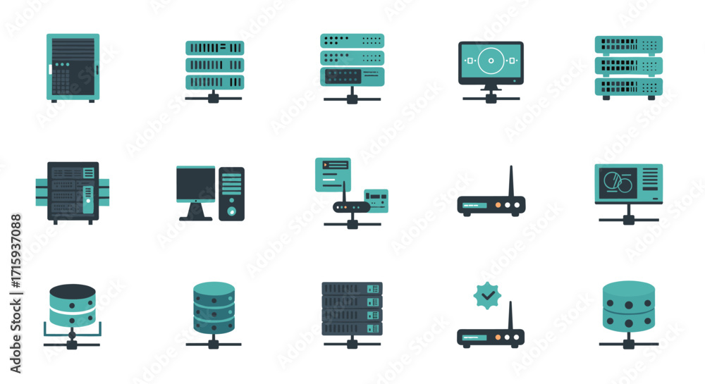 Poster network and computer hardware icons illustrating data management and technology
