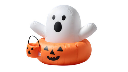Inflatable ghost with pumpkin bucket prop, isolated on white background