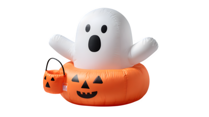 Inflatable ghost with pumpkin bucket prop, isolated on white background