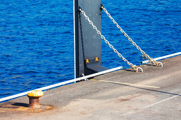 Sturdy dock edge meets brilliant blue water, anchored by taut metal chains and a weathered mooring bollard. Essential elements of port infrastructure and safety