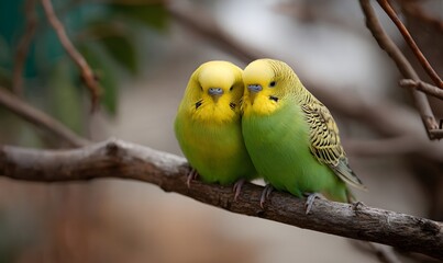 Obraz premium two budgerigars (parakeets) perched closely together on a thin natural branch in a cozy, relaxed atmosphere