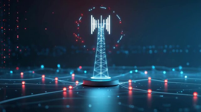 Digital communication tower emitting wireless signals with glowing network connections and illuminated nodes across dark futuristic grid