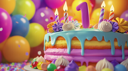 Colorful cake with candles celebrating a child's first birthday party