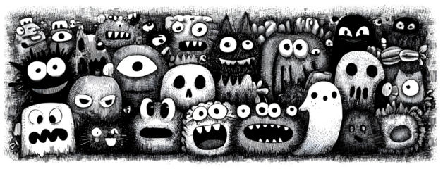 Wide doodle collection of cartoon monsters, pumpkins, candy, ghosts, and bats, isolated on white